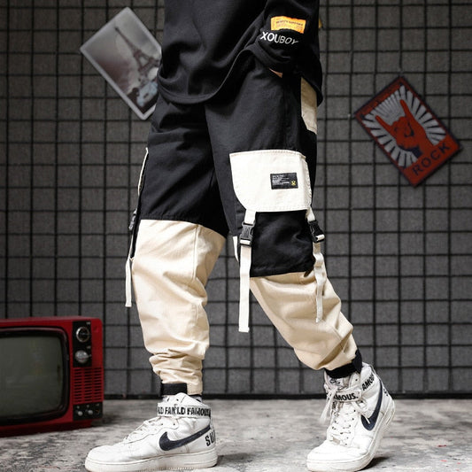 Men black red patchwork hip hop cargo pants man Japan style multi pockets sweatpants joggers-0