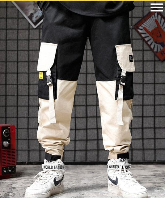 Men black red patchwork hip hop cargo pants man Japan style multi pockets sweatpants joggers-7