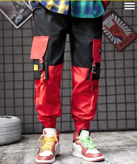 Men black red patchwork hip hop cargo pants man Japan style multi pockets sweatpants joggers-8