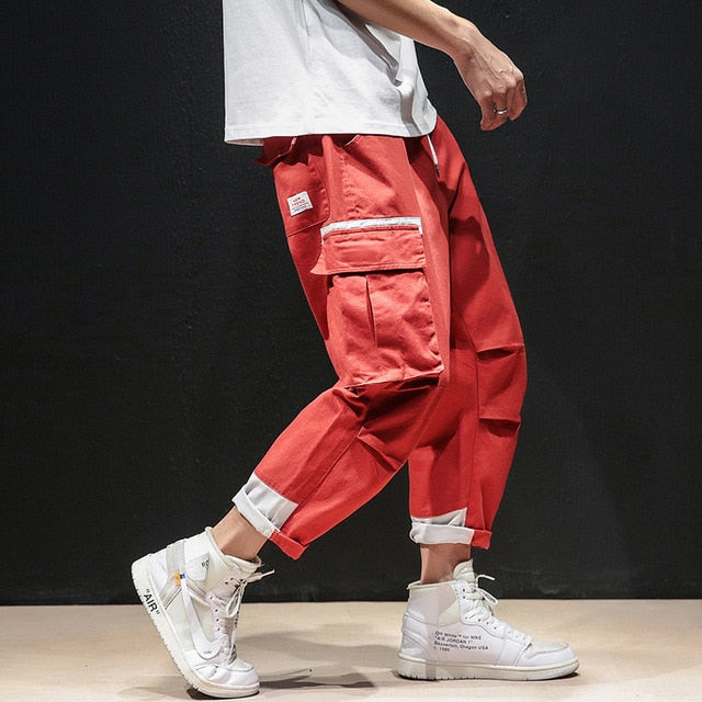 Men black red patchwork hip hop cargo pants man Japan style multi pockets sweatpants joggers-5