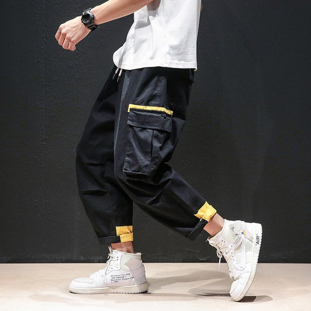 Men black red patchwork hip hop cargo pants man Japan style multi pockets sweatpants joggers-6