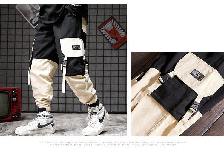 Men black red patchwork hip hop cargo pants man Japan style multi pockets sweatpants joggers-2