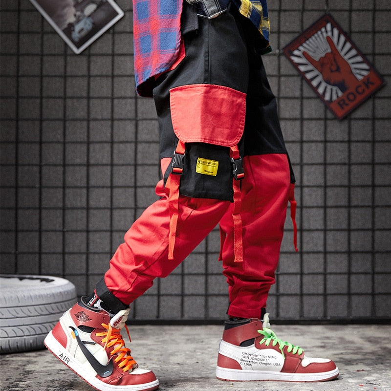 Men black red patchwork hip hop cargo pants man Japan style multi pockets sweatpants joggers-3