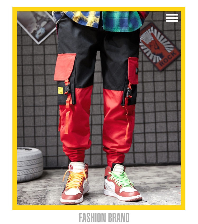 Men black red patchwork hip hop cargo pants man Japan style multi pockets sweatpants joggers-4
