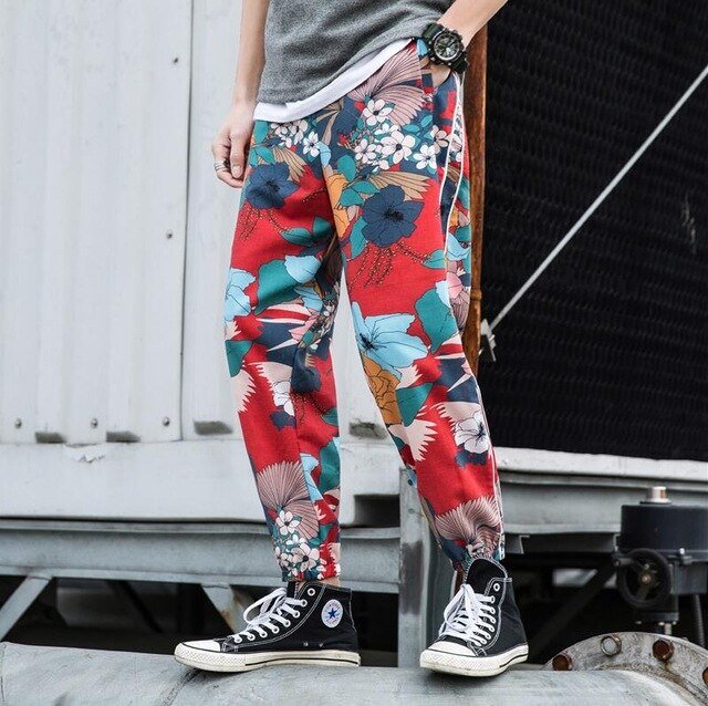 Casual Male Streetwear Harem Pants Men Joggers Elastic Waist Ankle-length Pant  Sweatpants Print Beach Pants Loose-2