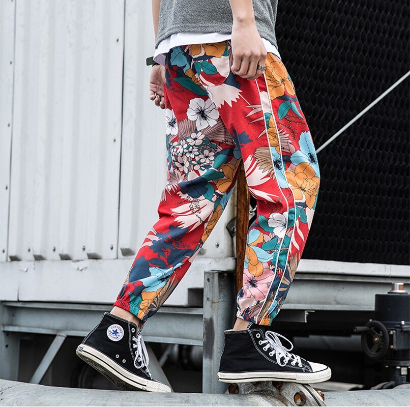 Casual Male Streetwear Harem Pants Men Joggers Elastic Waist Ankle-length Pant  Sweatpants Print Beach Pants Loose-3