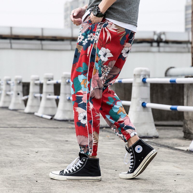Casual Male Streetwear Harem Pants Men Joggers Elastic Waist Ankle-length Pant  Sweatpants Print Beach Pants Loose-4