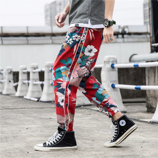 Casual Male Streetwear Harem Pants Men Joggers Elastic Waist Ankle-length Pant  Sweatpants Print Beach Pants Loose-0